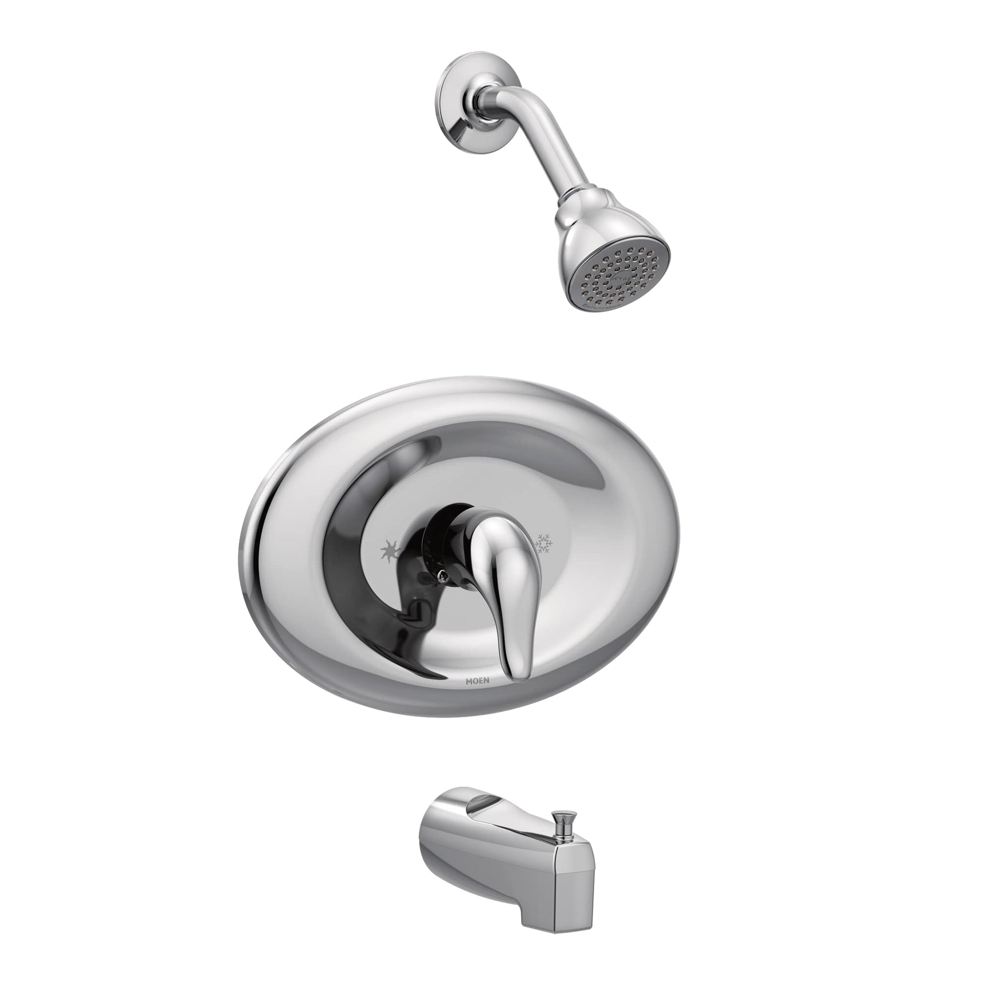 Chrome tub and shower trim kit with single-handle valve, showerhead, and tub spout.