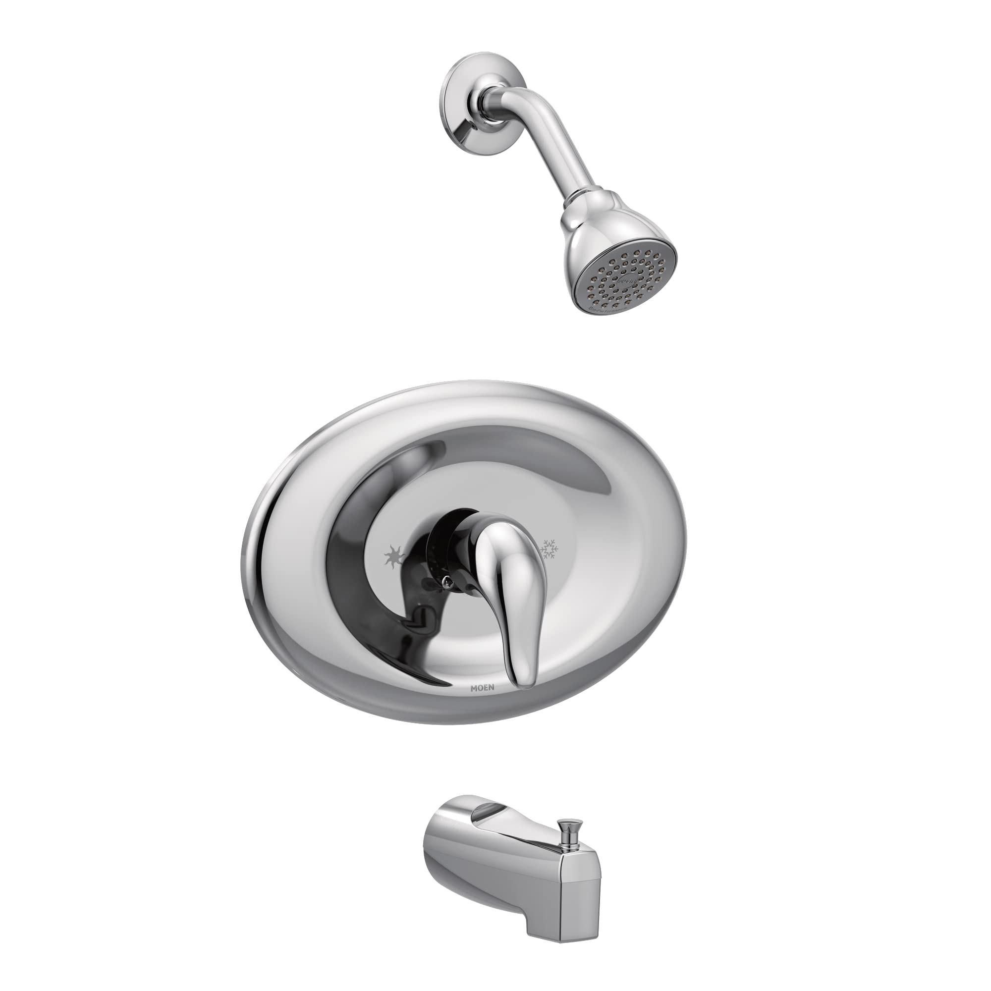 Chrome tub and shower trim kit with single-handle valve, showerhead, and tub spout.
