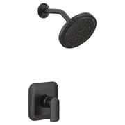 Matte black shower trim kit with round showerhead, curved arm, and single lever handle on square escutcheon plate.