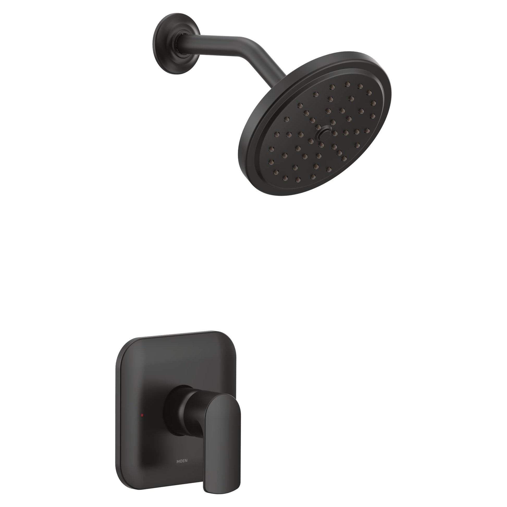 Matte black shower trim kit with round showerhead, curved arm, and single lever handle on square escutcheon plate.