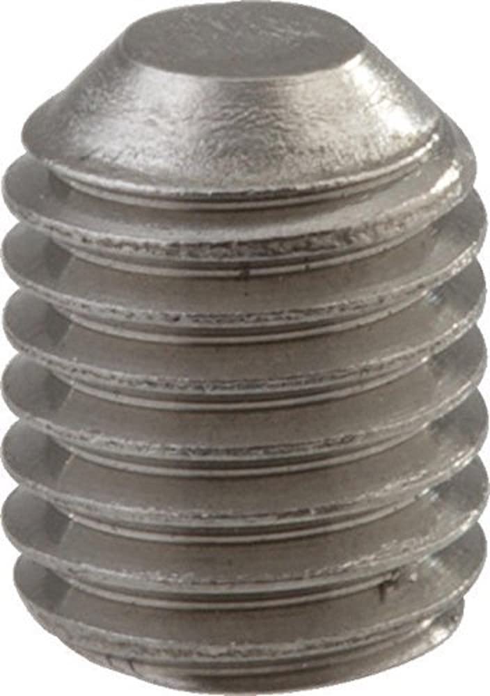 Metal set screw with rounded top and threaded shaft on white background.
