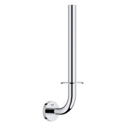 Chrome double toilet paper holder with curved arm and wall-mounted circular base.