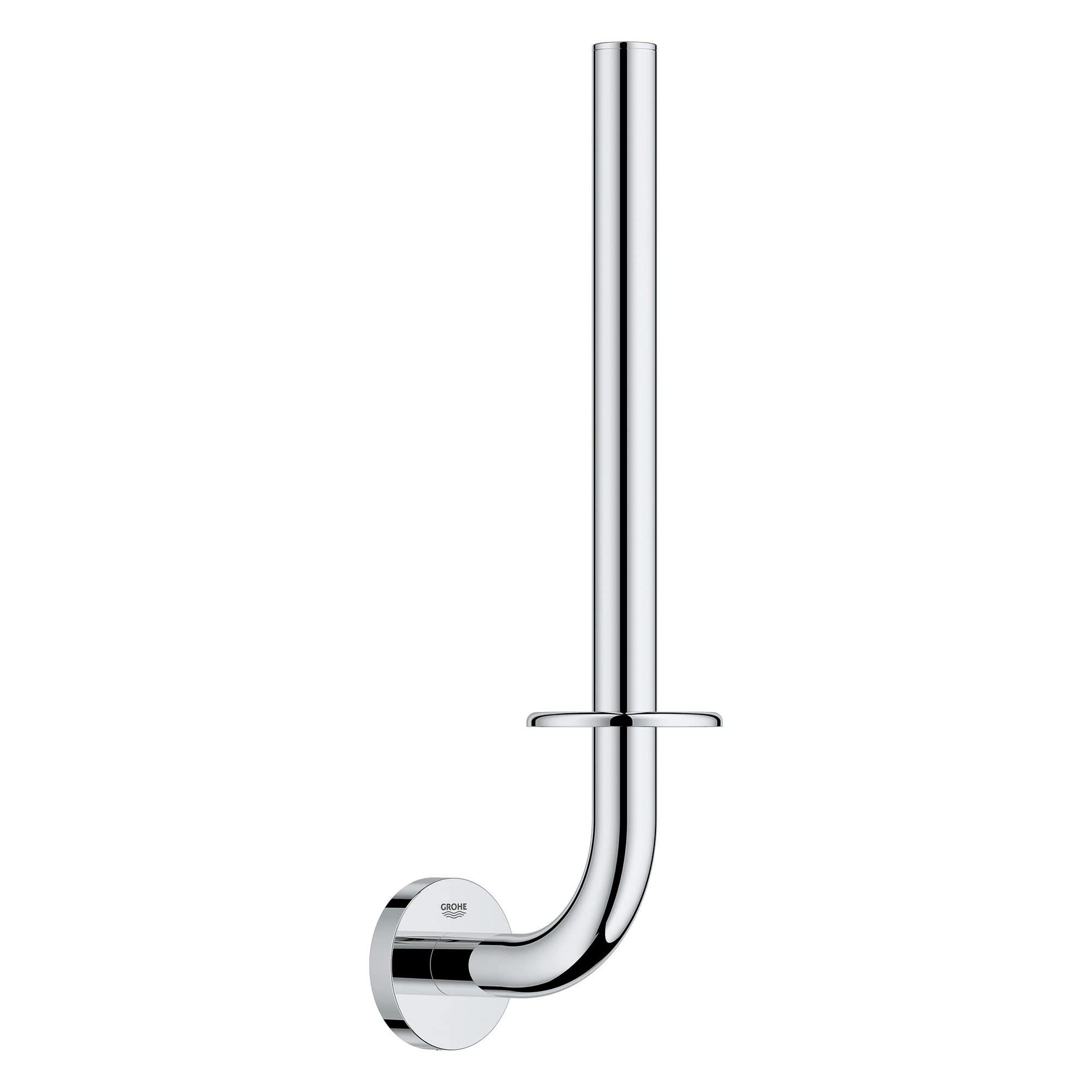 Chrome double toilet paper holder with curved arm and wall-mounted circular base.