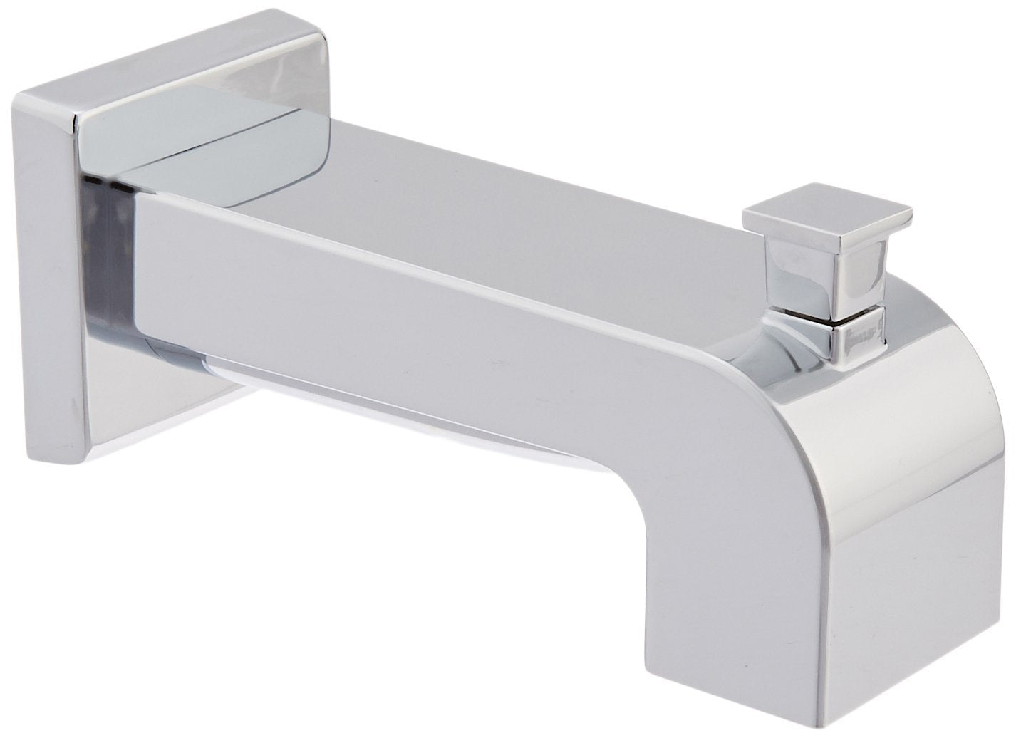 Chrome tub spout with pull-up diverter and wall-mounted square escutcheon plate.