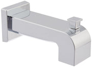 Chrome tub spout with pull-up diverter and wall-mounted square escutcheon plate.