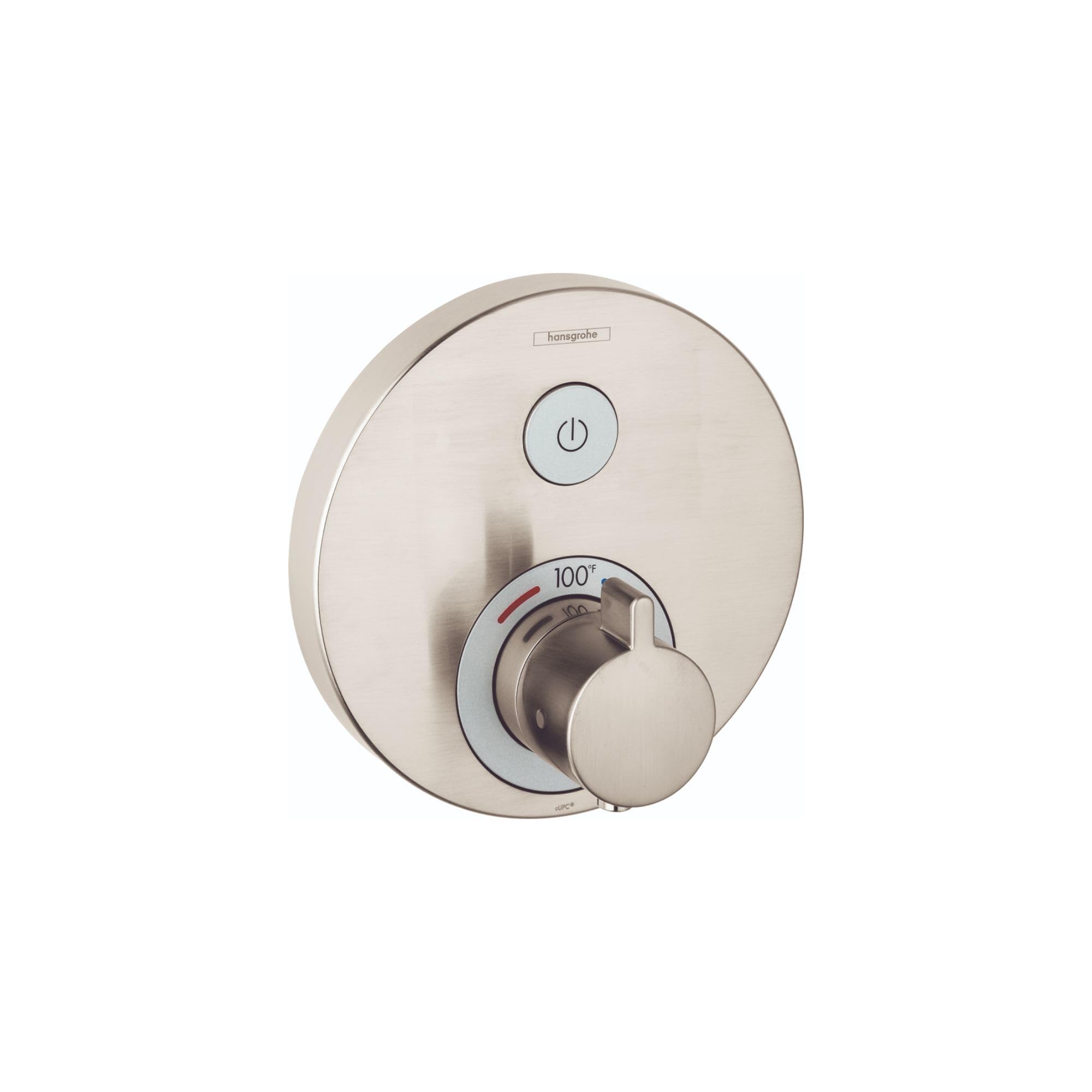 Round brushed nickel thermostatic shower valve trim with power button and temperature dial marked to 100 degrees.