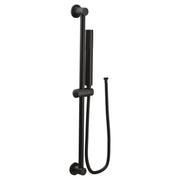 Matte black handheld shower with slide bar mount and coiled metal hose attachment.