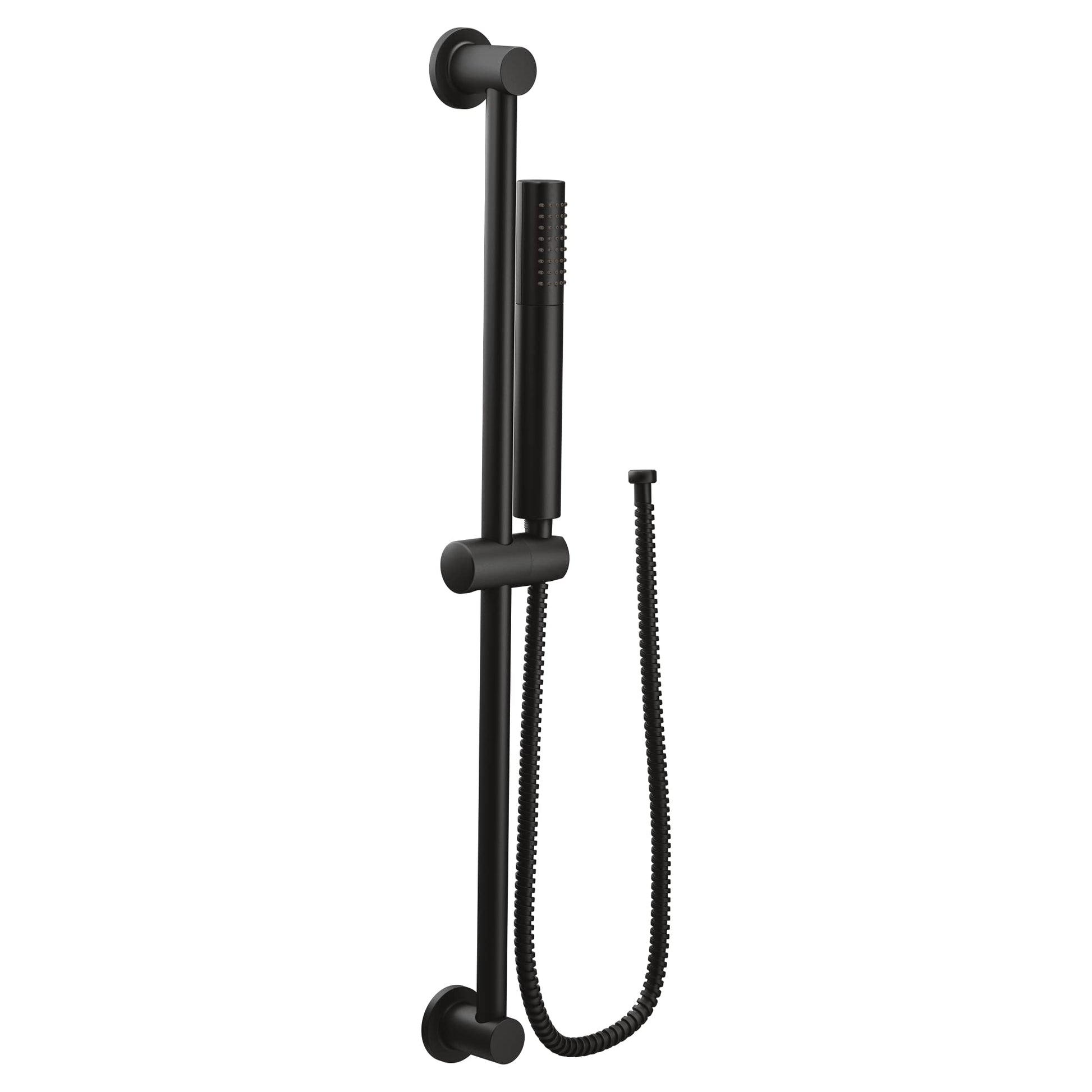 Matte black handheld shower with slide bar mount and coiled metal hose attachment.