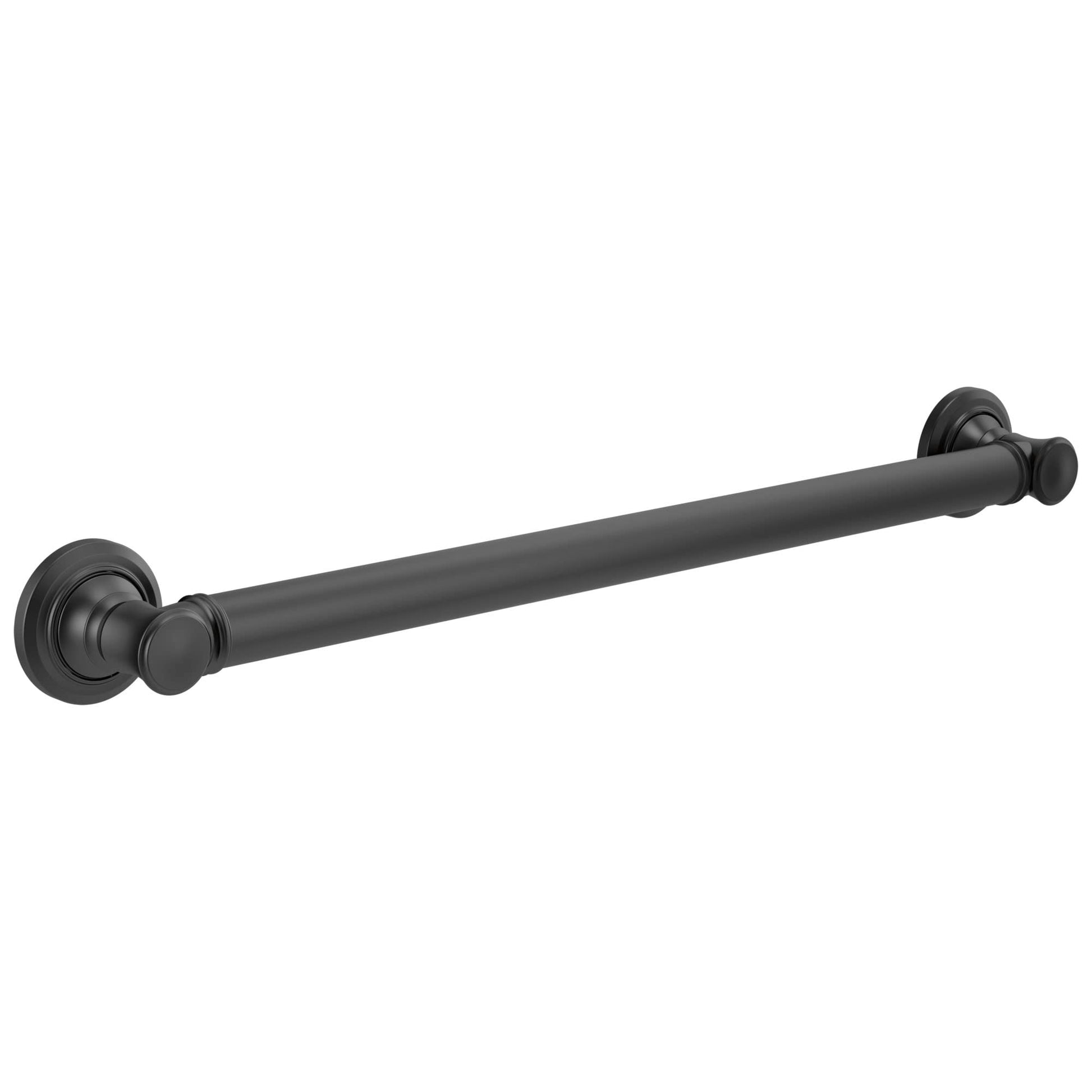 Matte black 24-inch horizontal grab bar with decorative rosette flanges at each end.