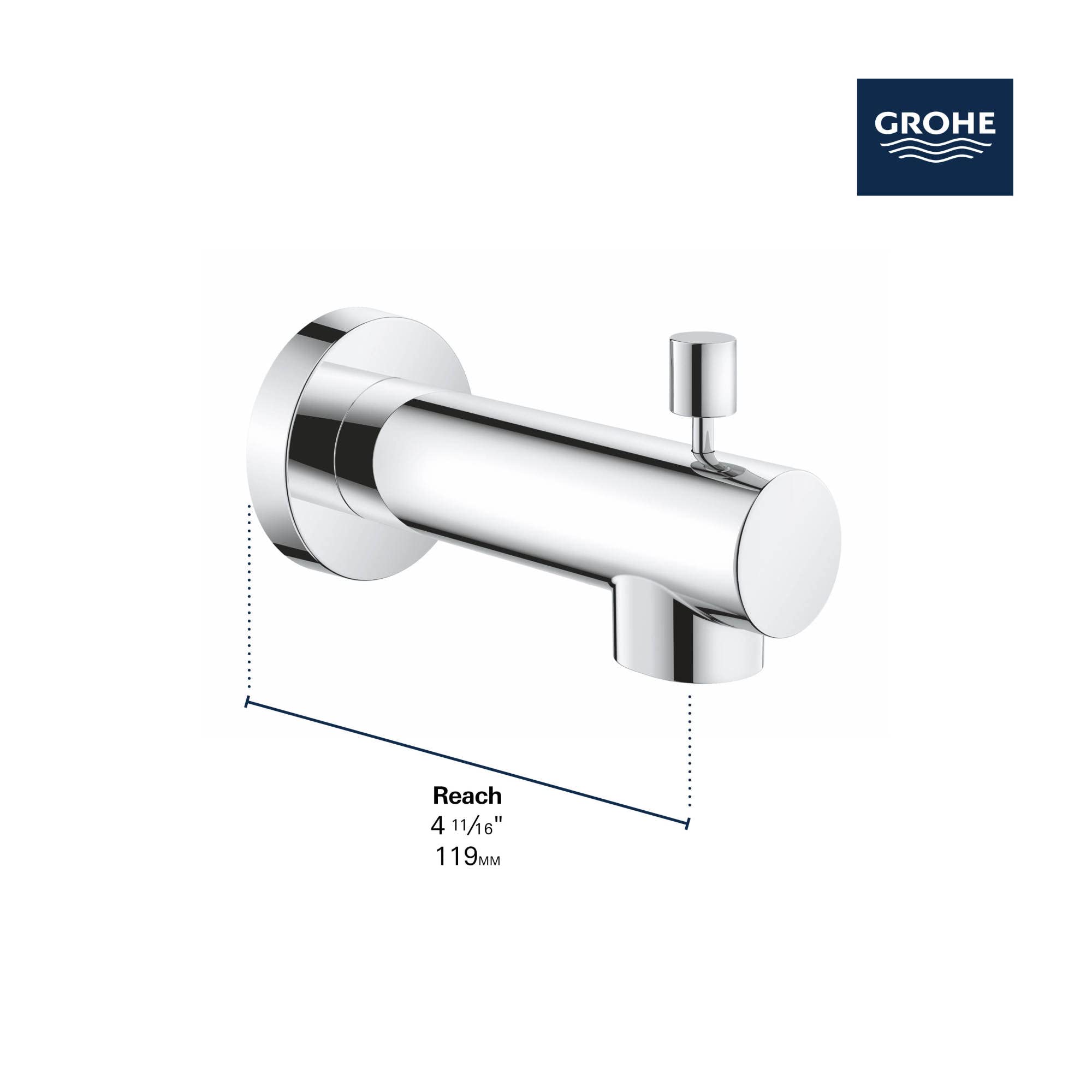 Grohe Concetto chrome diverter tub spout with cylindrical body, wall-mounted flange, and lever handle.