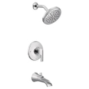 Chrome tub and shower trim kit with single handle lever, round showerhead, and curved tub spout.