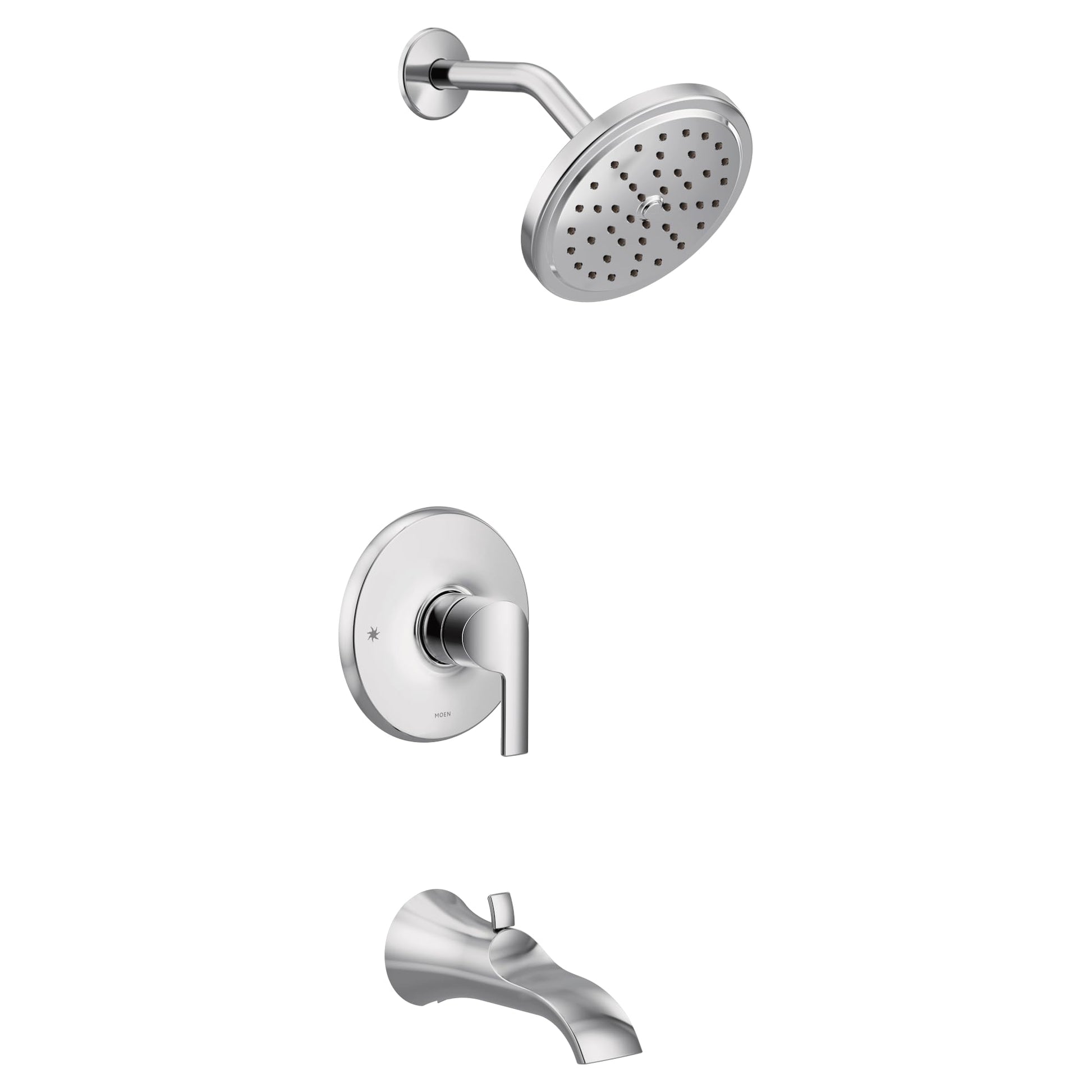 Chrome tub and shower trim kit with single handle lever, round showerhead, and curved tub spout.