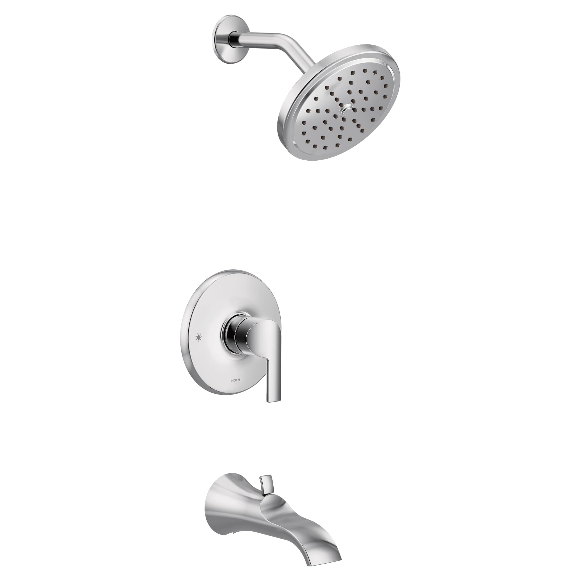 Chrome tub and shower trim kit with single handle lever, round showerhead, and curved tub spout.