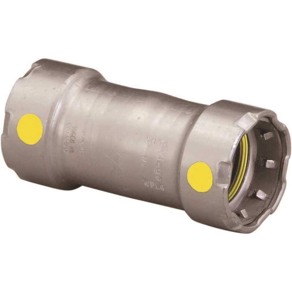 Silver cylindrical press coupling with yellow indicator dots on both ends and internal brass fitting visible.