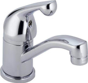 Chrome single-handle basin faucet with curved spout and pull-out spray head.