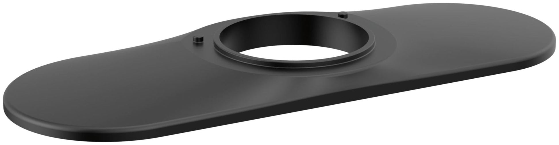Matte black escutcheon with elongated oval shape and circular center opening for plumbing fixture installation.