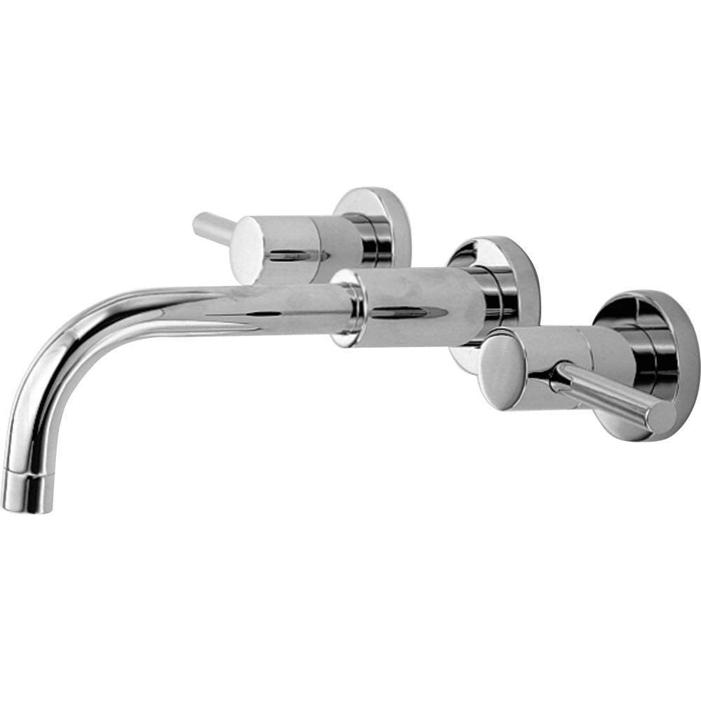 Wall-mounted bathroom faucet with curved spout and three lever handles in polished chrome finish.
