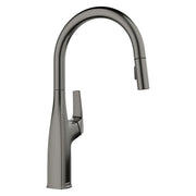 Satin dark steel pull-down kitchen faucet with high curved spout and single lever handle.