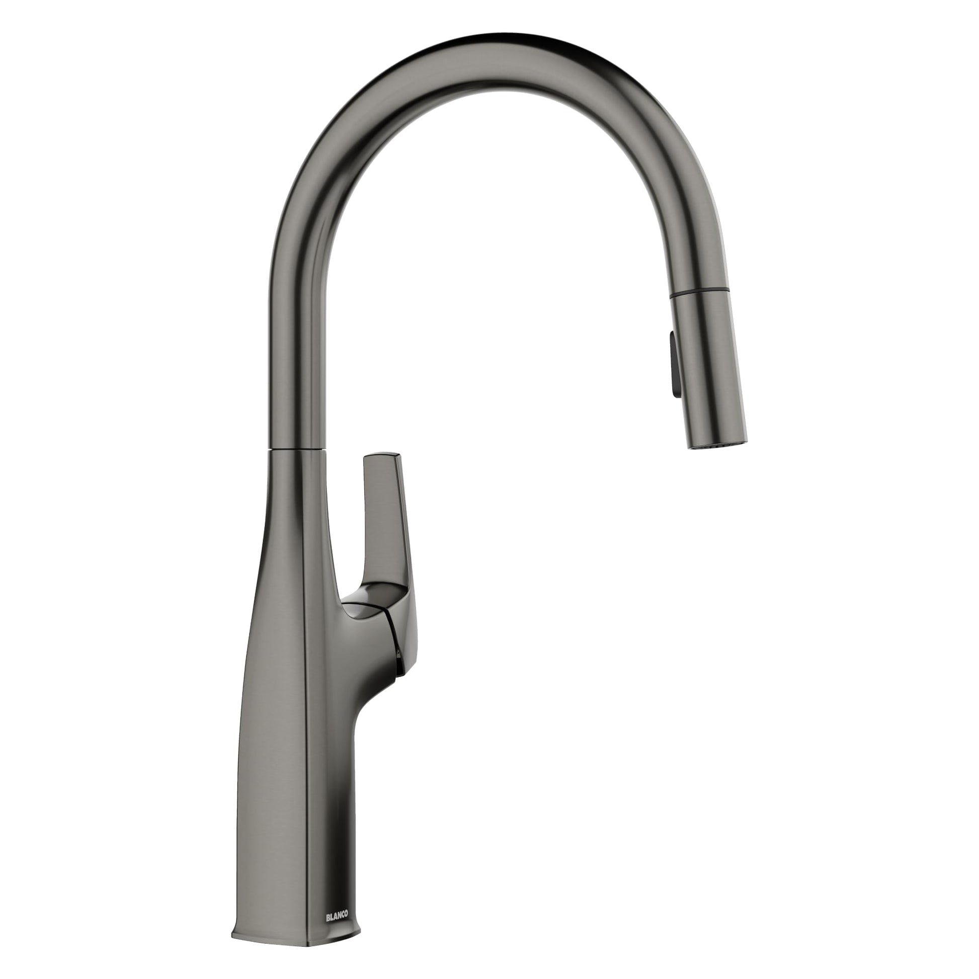 Satin dark steel pull-down kitchen faucet with high curved spout and single lever handle.