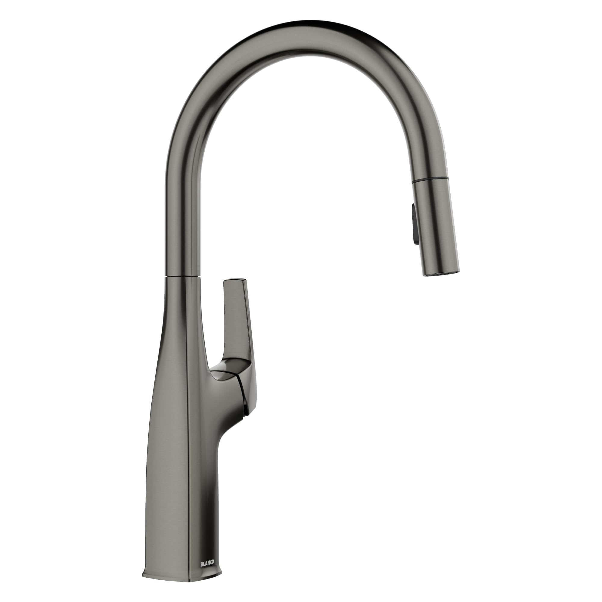 Satin dark steel pull-down kitchen faucet with high curved spout and single lever handle.