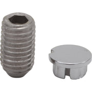 Chrome set screw with hexagonal socket and matching chrome button cap with slot detail.