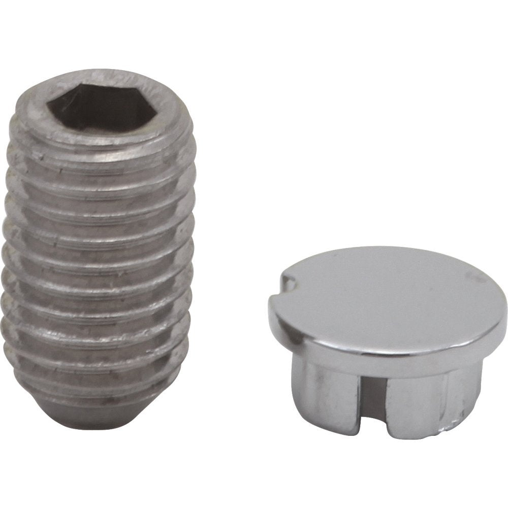 Chrome set screw with hexagonal socket and matching chrome button cap with slot detail.