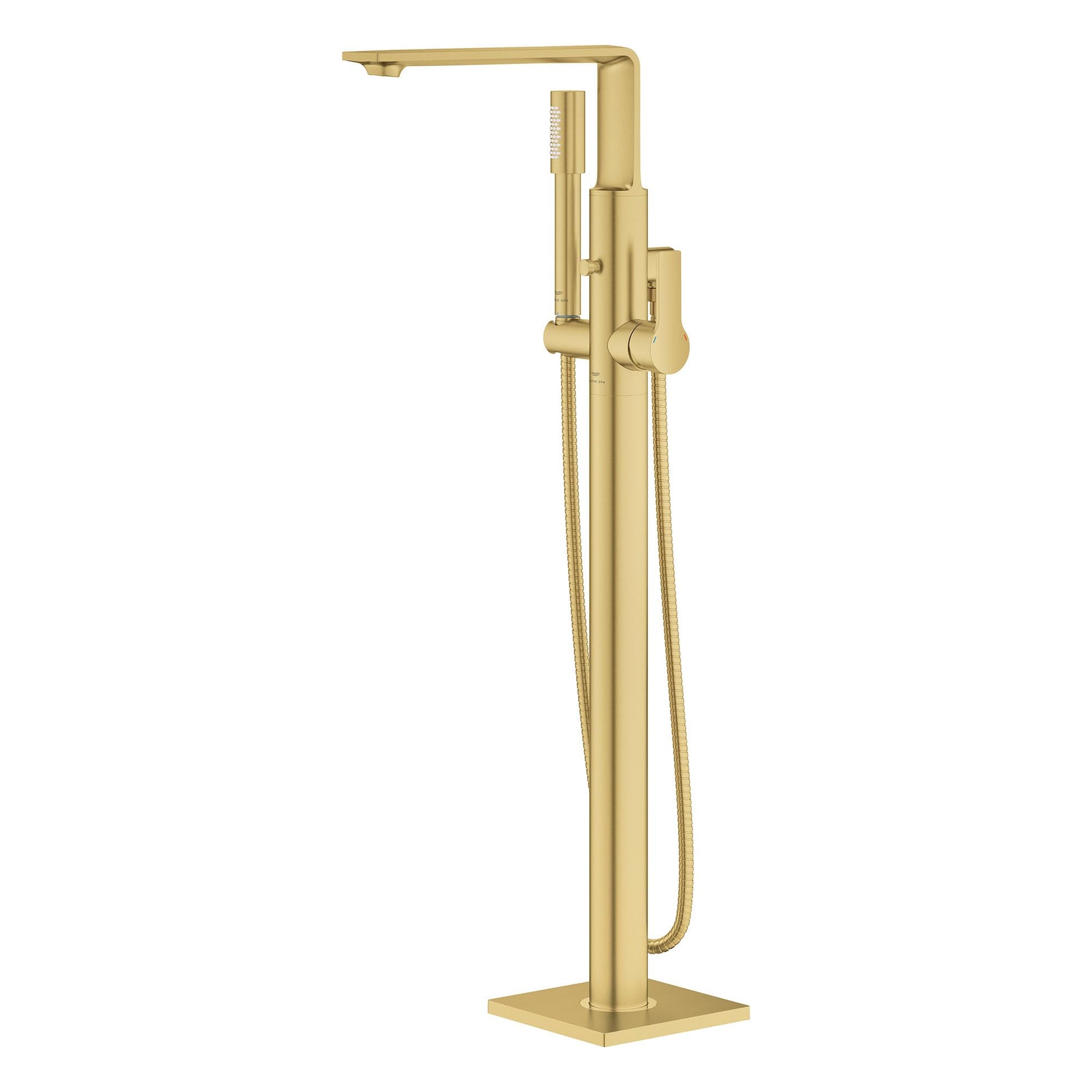 Brushed gold freestanding tub faucet with single handle, spout, and detachable hand shower on square base.