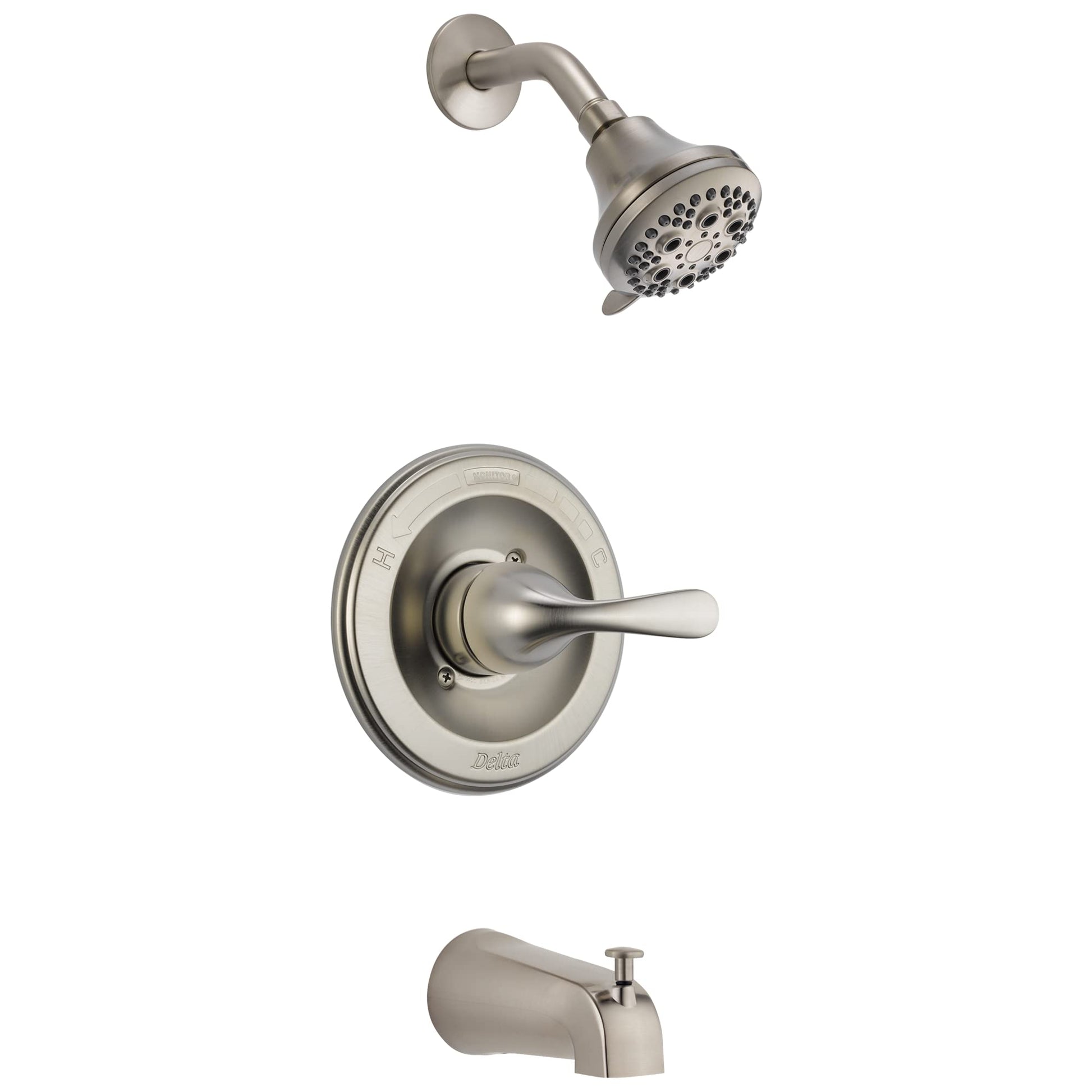 Brushed nickel tub and shower trim set with single lever handle, showerhead, and tub spout.