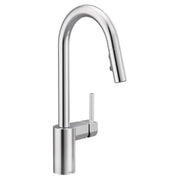 Chrome kitchen faucet with tall curved spout, single handle lever, and pull-down spray head.