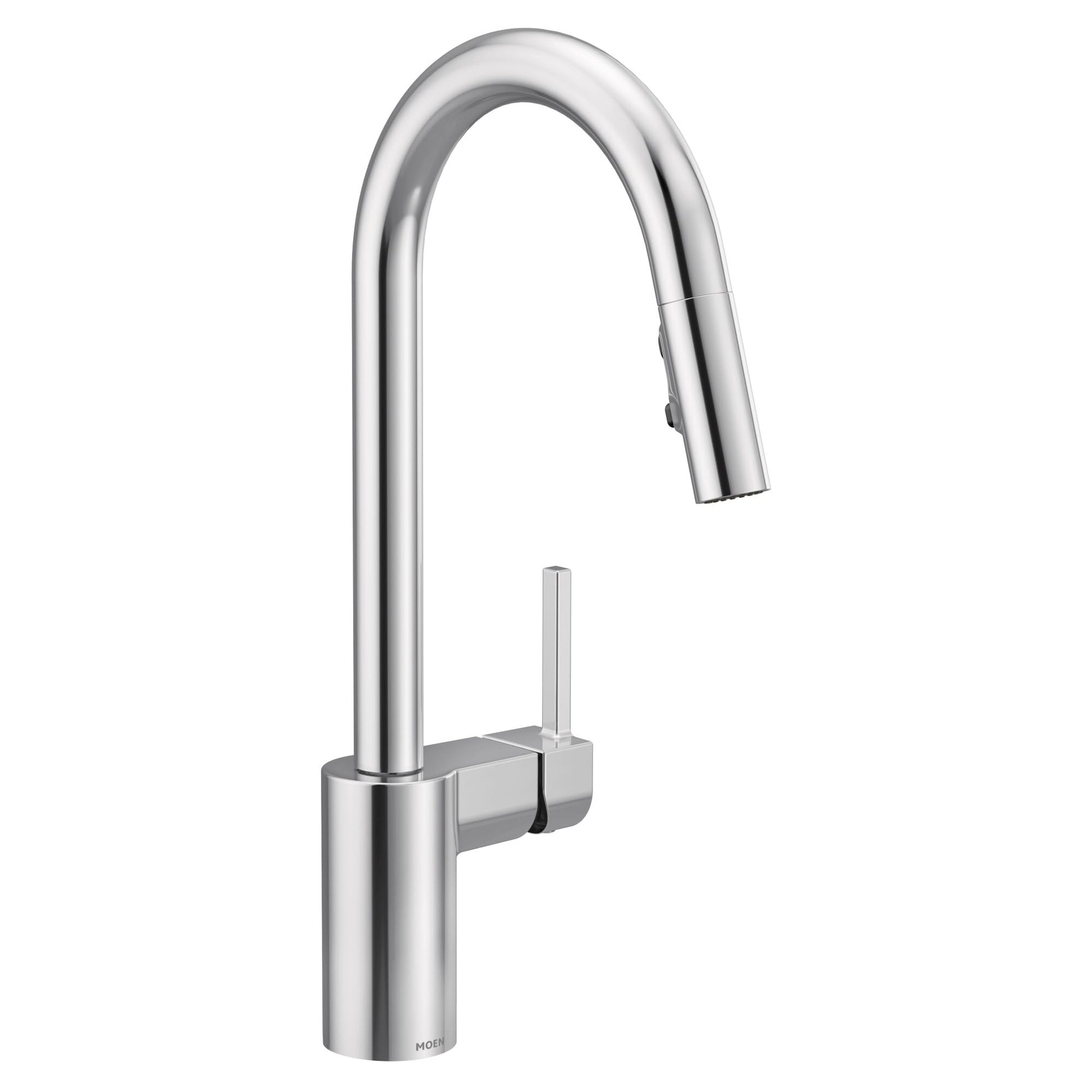 Chrome kitchen faucet with tall curved spout, single handle lever, and pull-down spray head.