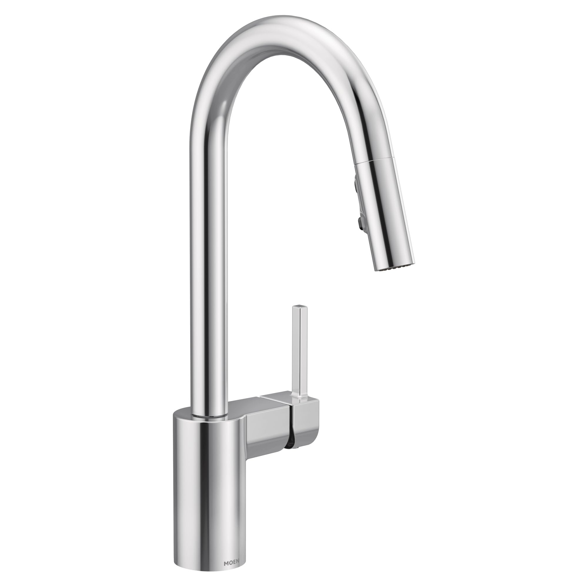 Chrome kitchen faucet with tall curved spout, single handle lever, and pull-down spray head.