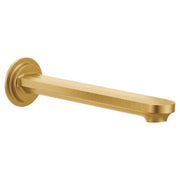 Brushed gold tub spout with curved rounded wall mount and straight elongated spout outlet.