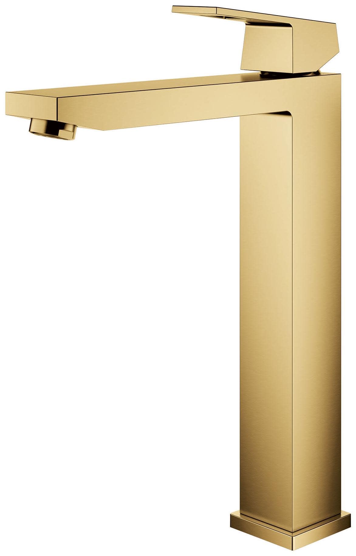 Grohe Eurocube single-handle vessel sink faucet in brushed gold with tall square body and curved spout.