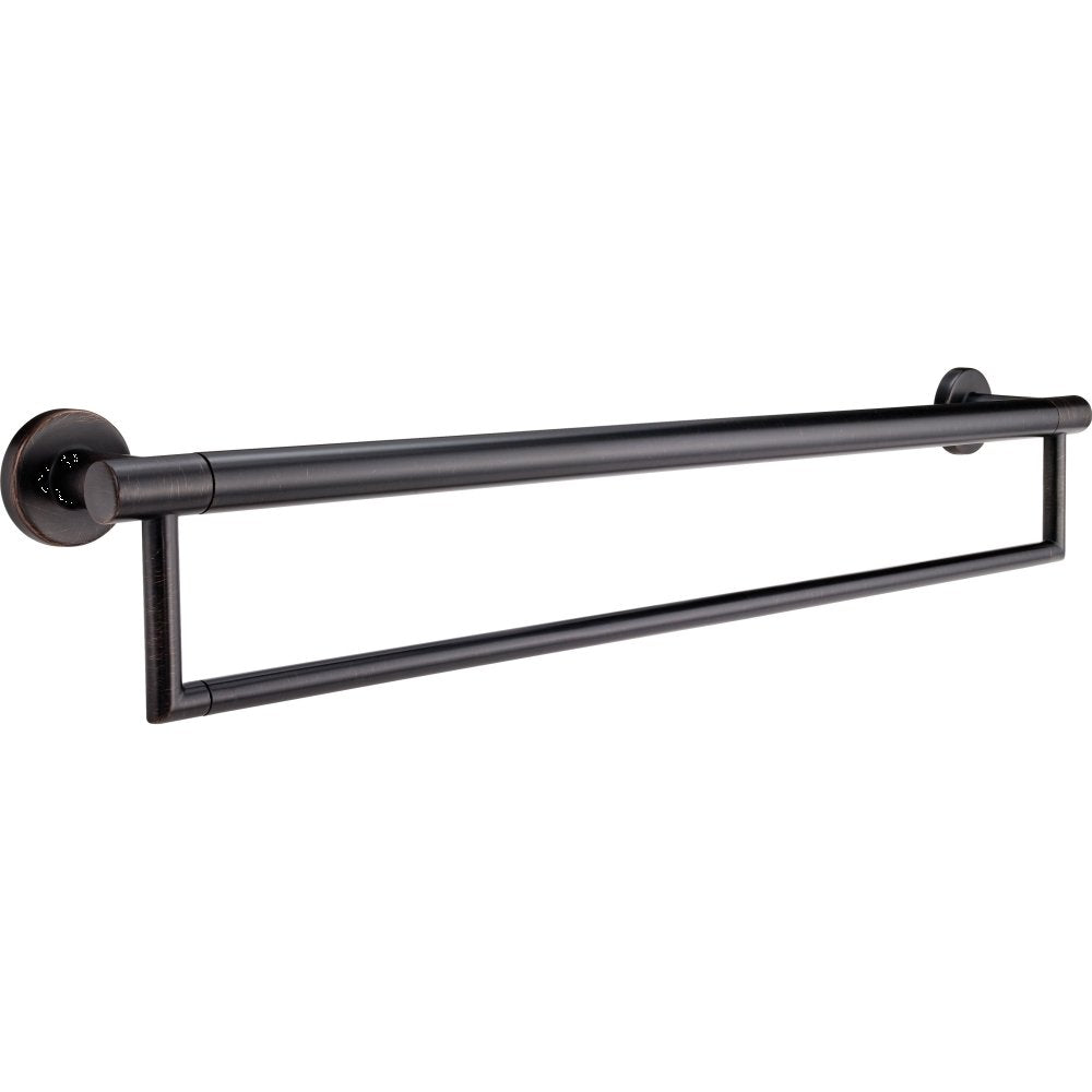 Matte black contemporary towel bar and assist grab bar with circular wall mounts and horizontal rails.