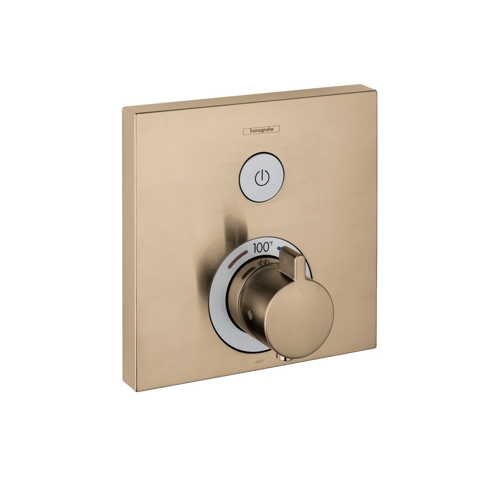 Square brushed bronze thermostatic shower valve trim with circular power button and temperature dial control.