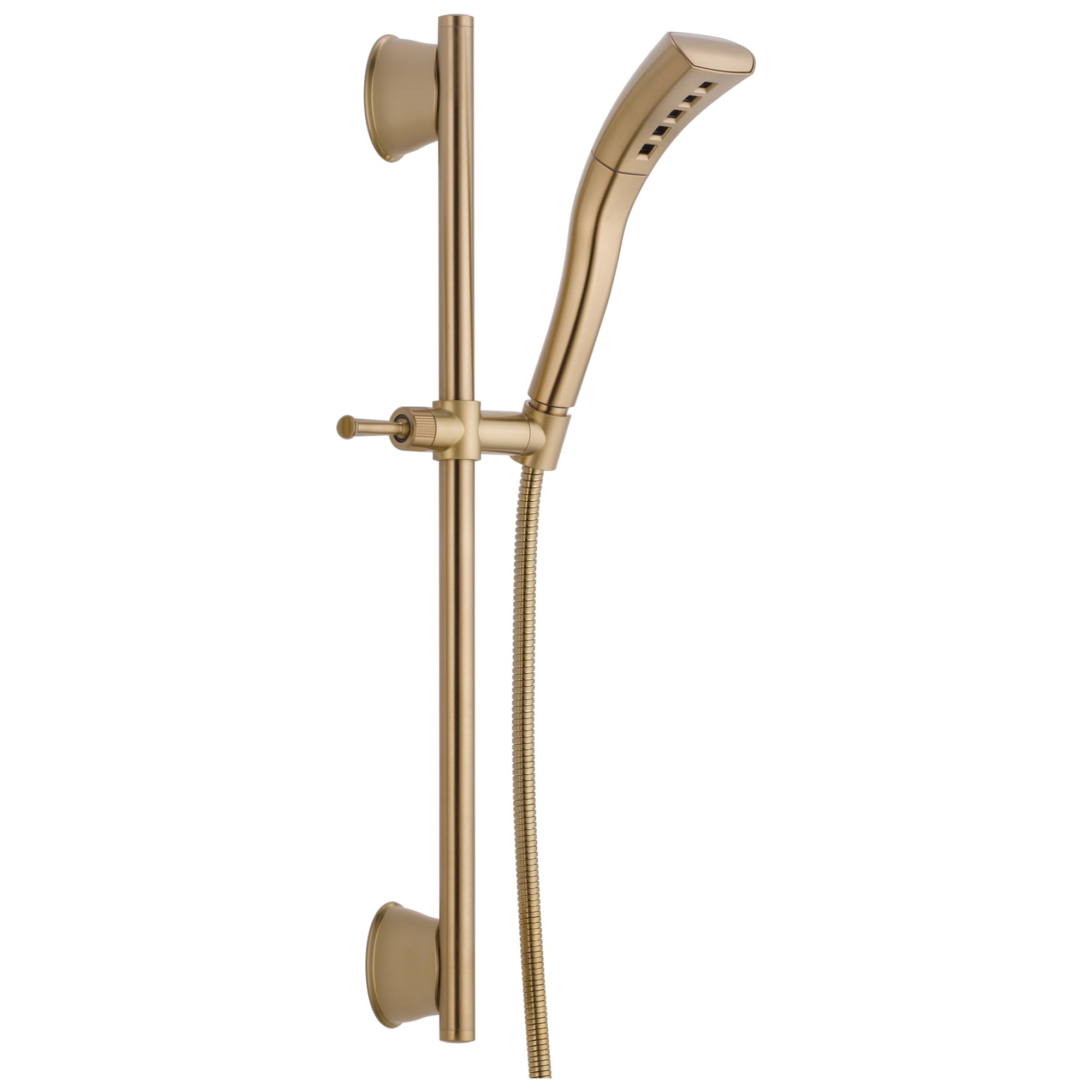 Champagne bronze slide bar hand shower with adjustable holder, control lever, and flexible hose.