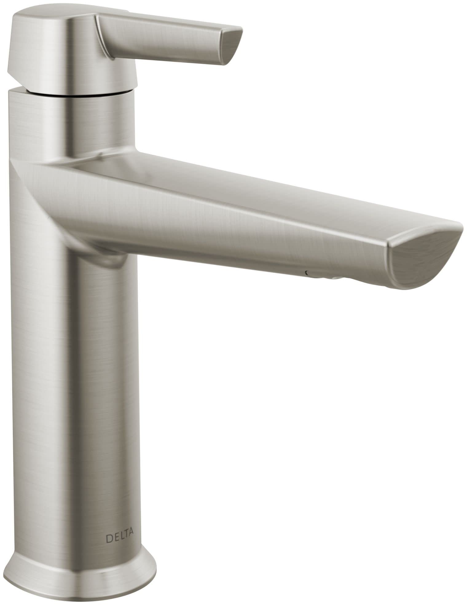 Brushed nickel single-handle bathroom faucet with tall cylindrical base and extended rectangular spout.