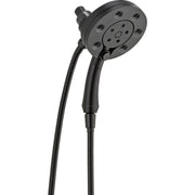 Matte black two-in-one shower head with multiple jets, flexible hose, and handheld spray attachment.