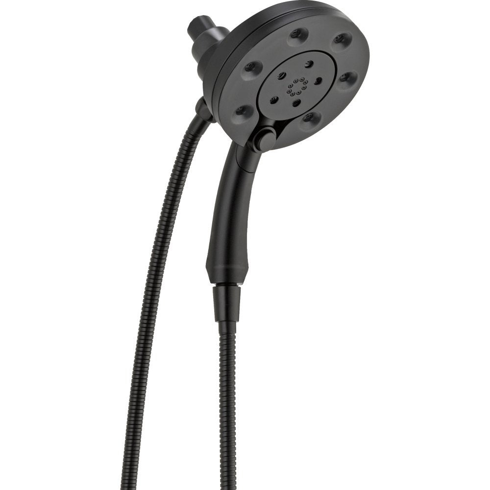 Matte black two-in-one shower head with multiple jets, flexible hose, and handheld spray attachment.