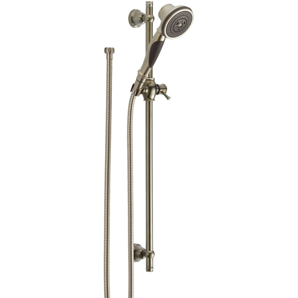 Brushed nickel hand shower on adjustable slide bar with hose and wall mount, featuring round shower head with control lever.