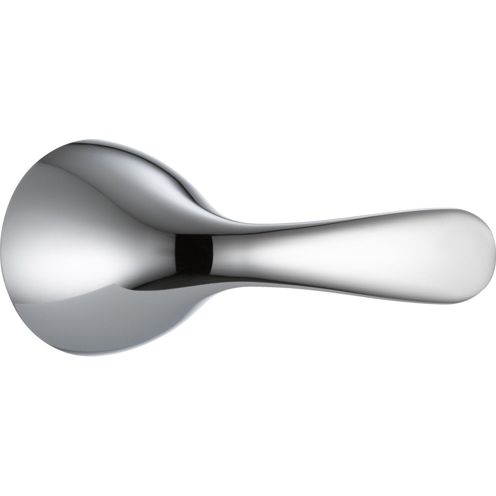 Chrome metal lever handle with curved design and round base for faucet installation.