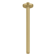 Brushed gold ceiling shower arm with round mounting plate and vertical tube.