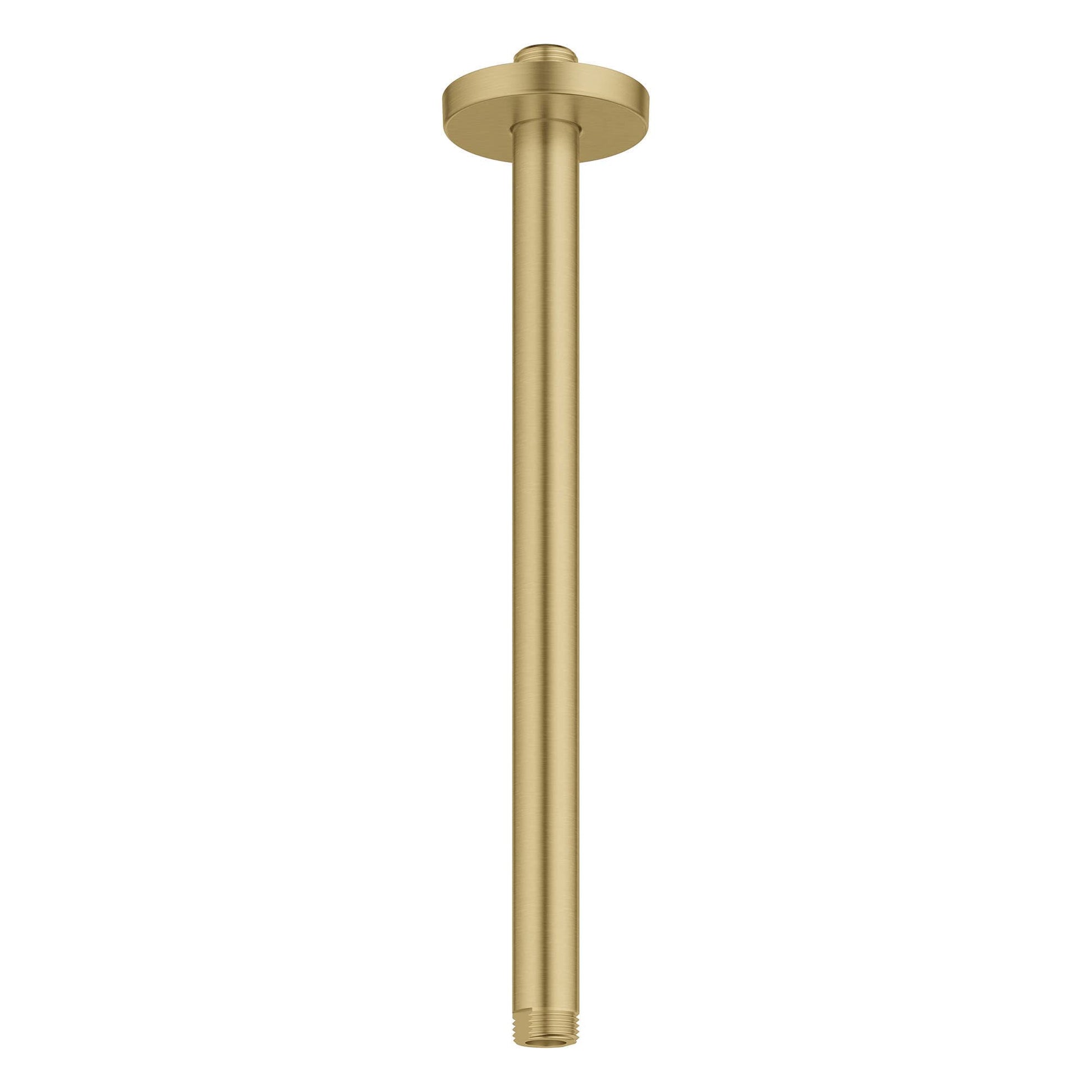 Brushed gold ceiling shower arm with round mounting plate and vertical tube.