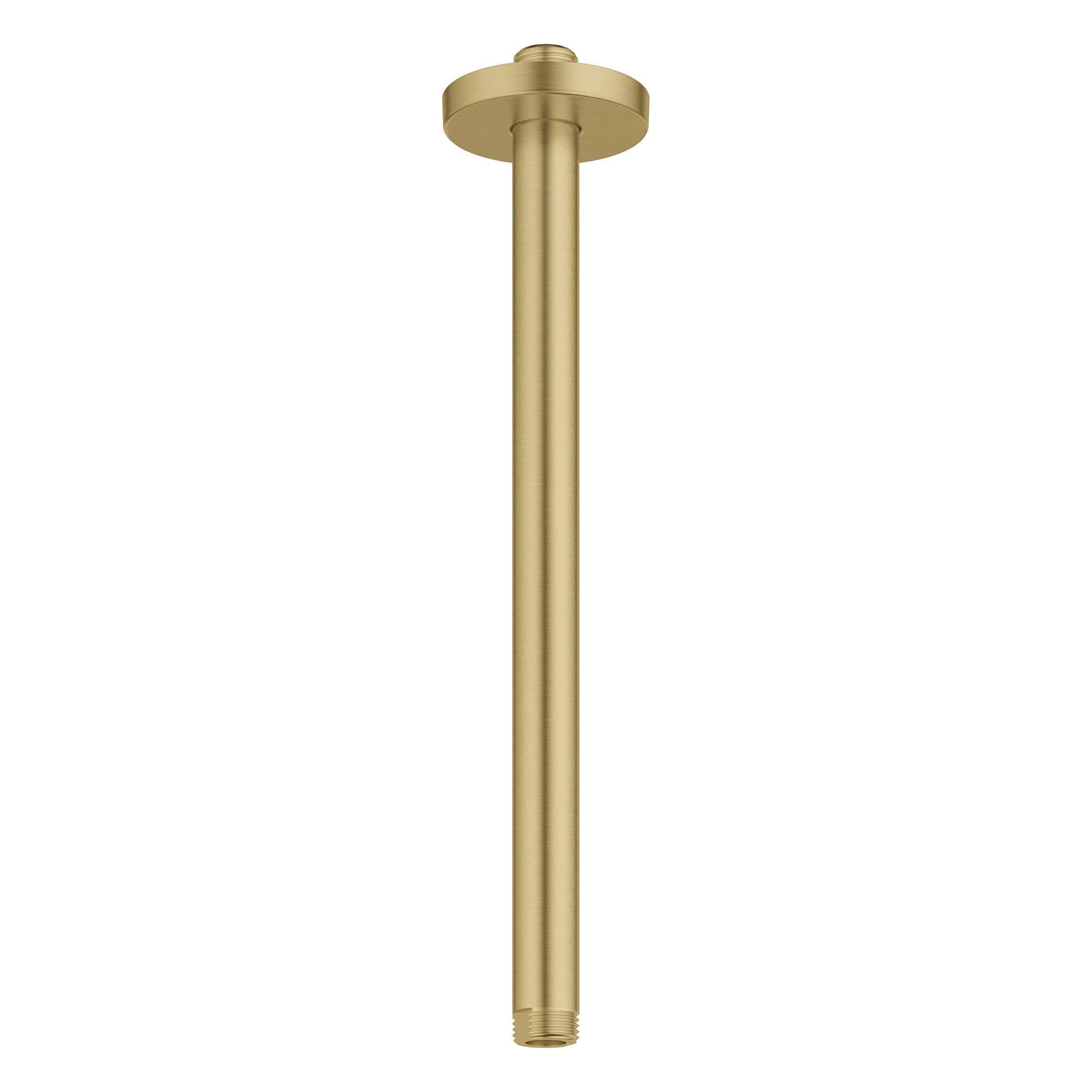 Brushed gold ceiling shower arm with round mounting plate and vertical tube.