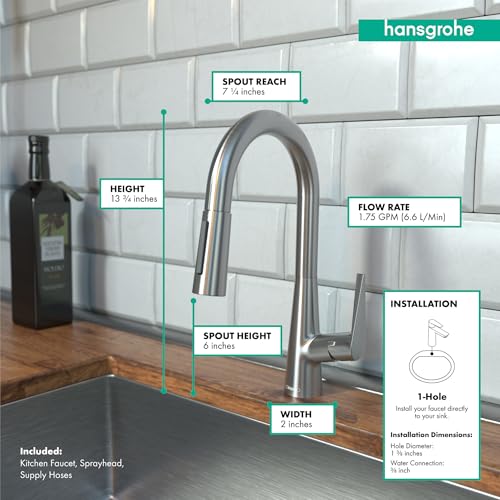 Stainless steel pull-down kitchen faucet with curved spout and spray head, installed on single-hole sink with measurement dim