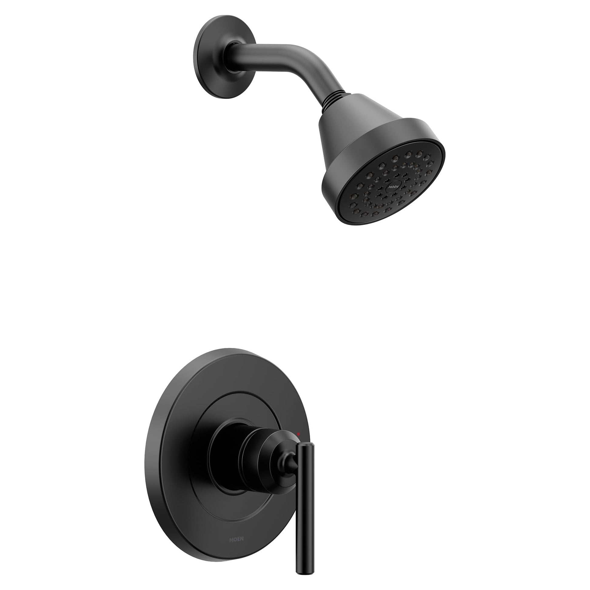 Matte black shower trim kit with single lever handle, round wall plate, curved arm, and showerhead with perforated face.