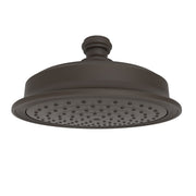 Oil rubbed bronze round shower head with multiple spray holes and connector stem.