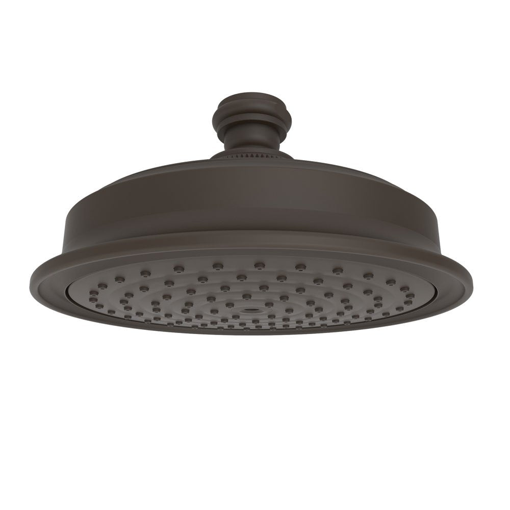 Oil rubbed bronze round shower head with multiple spray holes and connector stem.