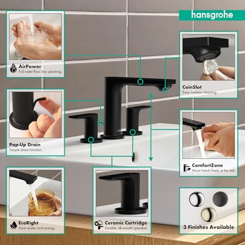 Matte black widespread faucet with two handles, pop-up drain, and chrome spout installed on white subway tile backsplash.