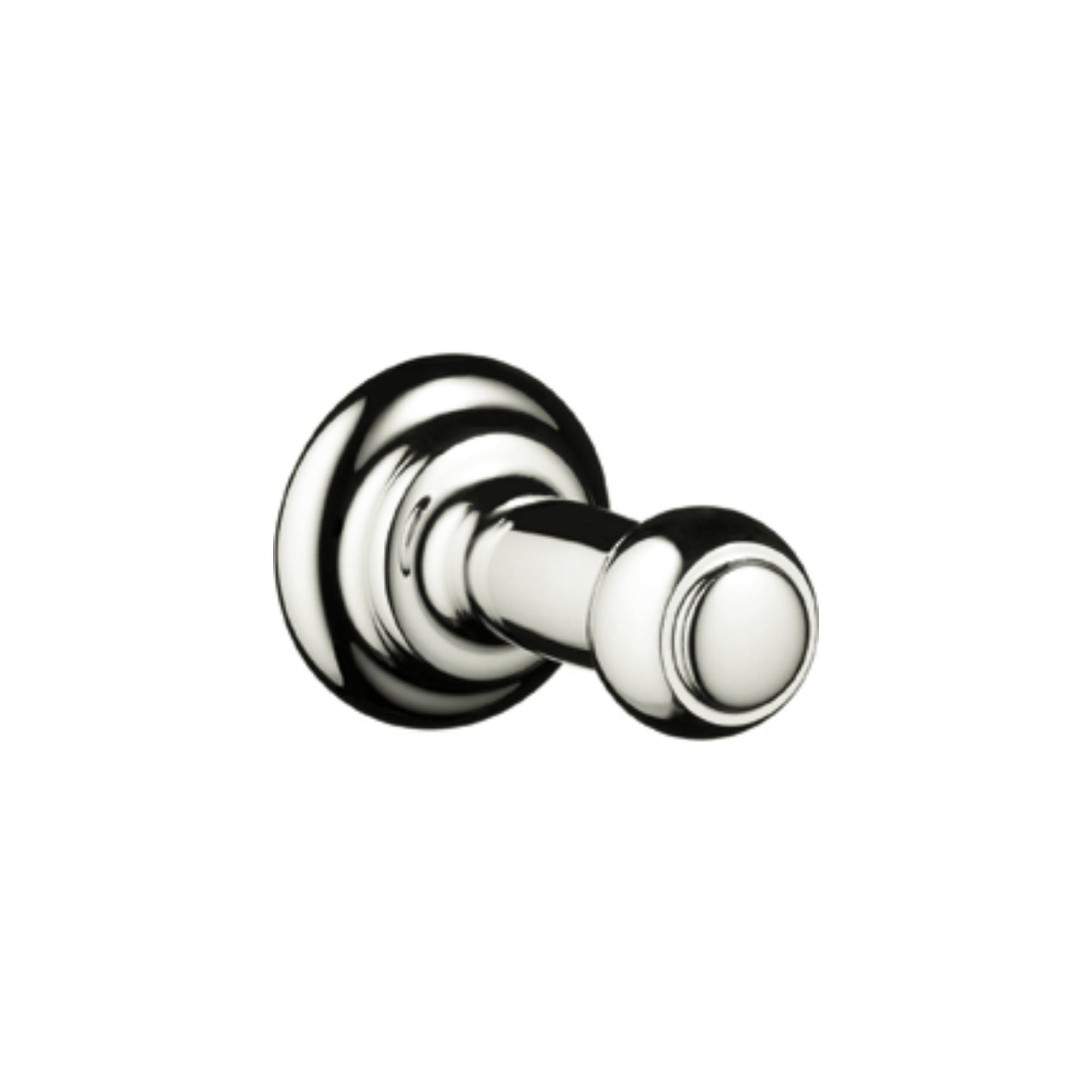 Polished nickel wall-mounted hook with circular backplate and cylindrical protruding hook arm.